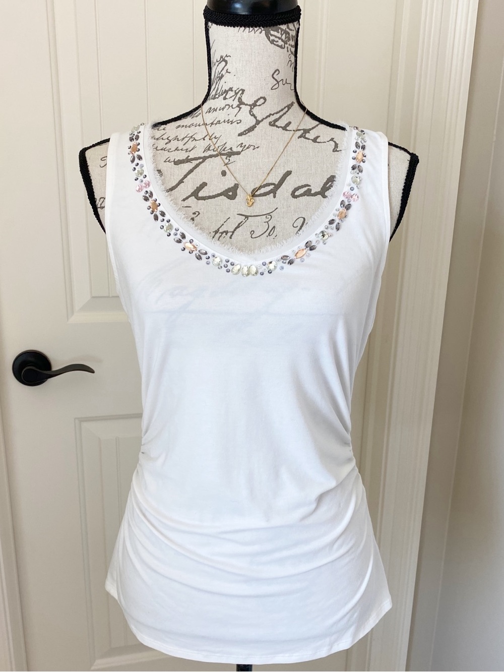 White House Black Market White Tank Top with Crystal Trim and Ruched Sides